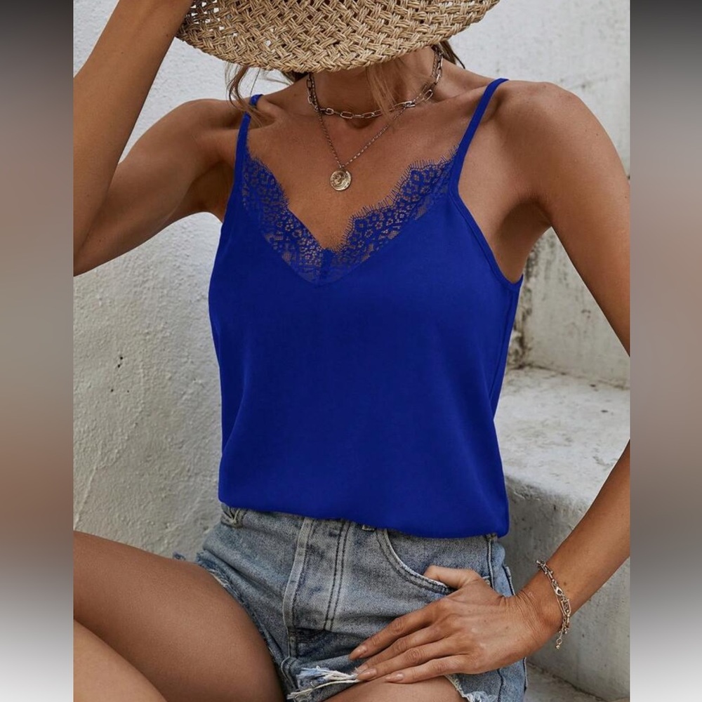 Elegant Blue Lace Trim Cami Top